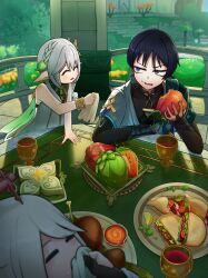  1boy 2girls absurdres ajilenakh_nut_(genshin_impact) apron arm_rest armor artistic_error black_bodysuit black_bridal_gauntlets black_gloves black_hair blue_cape blue_sleeves blunt_ends blush bodysuit bracelet bridal_gauntlets bright_pupils bush cape chalice charcoal-baked_ajilenakh_cake_(genshin_impact) closed_eyes commentary_request condensation covered_collarbone cup dress elbow_rest eyelashes eyeliner facing_another facing_up feathers food food_bite food_on_face fringe_trim fruit furrowed_brow genshin_impact giga_tai giving gloves gold gold_trim green_apron green_hair hair_ornament half_crown_braid halo halvamazd_(genshin_impact) hand_on_table hand_up harra_fruit_(genshin_impact) highres holding holding_food holding_fruit holding_napkin indoors japanese_armor japanese_clothes jewelry juice kimono kote kurokote layered_sleeves leaf leaf_hair_ornament leaning_forward lemon lemon_slice light_frown long_hair looking_at_another makeup mandarin_collar meat mechanical_halo moss multicolored_hair multiple_girls nahida_(genshin_impact) onion_slice open_clothes open_hand open_kimono open_mouth paimon_(genshin_impact) palm_tree partially_fingerless_gloves pillar pink_halo pita_pocket_(genshin_impact) plant pointy_ears pom_pom_(clothes) purple_rope railing red_eyeliner rope scaramouche_(genshin_impact) short_sleeves shoulder_peek side_cape side_ponytail sidelocks sideways_glance sitting streaked_hair sumeru_city table tablecloth tomato tomato_slice tree vegetable violet_eyes wanderer_(genshin_impact) white_dress white_hair white_kimono white_pupils white_sleeves wiping_face wispy_bangs yellow_feathers zaytun_peach_(genshin_impact) 