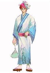  1boy antennae bag bagged_fish chinese_commentary closed_mouth commentary_request fish fox_mask full_body green-tinted_eyewear highres japanese_clothes looking_at_viewer male_focus mask mask_on_head pink_eyes pink_hair saiki_kusuo saiki_kusuo_no_psi_nan sandals short_hair simple_background solo ssssenferda standing tinted_eyewear white_background 