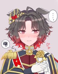  ... ahoge animal_ears black_jacket blush brooch brown_hair closed_mouth commentary_request ear_flower ear_ornament epaulettes flower flower_brooch four-pointed_star gloves gradient_hair heart highres horse_ears horse_girl jacket jewelry long_sleeves looking_at_viewer multicolored_hair print_sash red_hair red_sash revision rose_kingdom_(umamusume) sash short_hair simple_background single_epaulette sora_(sjnz7474) speech_bubble spoken_ellipsis squiggle sweat two-tone_hair umamusume upper_body vertical-striped_sleeves white_gloves 