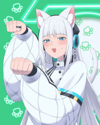  1girl absurdres animal_ears blush braid cat_ears cat_tail commentary_request daradara_art haru_(cevio) headphones highres long_hair looking_at_viewer open_mouth paw_pose side_braid straight_hair tail white_hair 