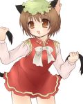  brown_eyes brown_hair cat_ears cat_tail chen earrings hat jewelry jyako lowres multiple_tails short_hair solo tail touhou 