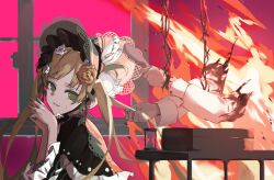  2girls blonde_hair bonnet brushing_another's_hair brushing_hair burnt_clothes commentary_request detached_arm fire flower green_eyes hair_brush hair_flower hair_ornament hands_up highres holding_another's_hair hourglass ishikimourou lolita_fashion long_hair long_sleeves looking_at_viewer mahou_shoujo_no_majo_saiban multiple_girls own_hands_together pink_background plant severed_arm severed_limb smile spoilers steepled_fingers tachibana_sherry tono_hanna twintails vines zuutto_issho_(kitani_tatsuya) 