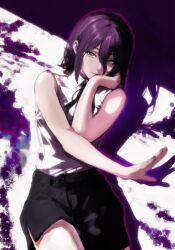  1girl black_shorts chainsaw_man commentary cowboy_shot green_eyes hair_between_eyes head_rest highres medium_hair profilicnekro purple_hair reze_(chainsaw_man) shadow shirt short_shorts shorts sleeveless sleeveless_shirt solo white_shirt 