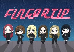  6+girls artist_name black_hair black_jacket black_shorts black_skirt blonde_hair blonde_streaks blunt_bangs bob_cut brown_hair chibi gfriend hand_on_own_hip hashtag-only_commentary jacket long_hair looking_at_viewer multicolored_hair multiple_girls red_hair shadow shorts skirt song_name streaked_hair yuringi 