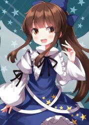  1girl alternate_hairstyle black_ribbon blue_bow blue_dress blush bow brown_eyes brown_hair commentary_request completion_time dress fairy fairy_wings hair_bow highres long_hair long_sleeves looking_at_viewer neck_ribbon open_mouth ponytail print_dress ribbon ruu_(tksymkw) smile solo star_(symbol) star_print star_sapphire touhou very_long_hair wide_sleeves wings 