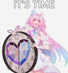  1girl absurdres alternate_form bare_shoulders blue_flower blue_hair blue_ribbon blue_rose blunt_bangs blush breasts clock commentary constellation_print cowboy_shot cyrene_(demiurge)_(honkai:_star_rail) cyrene_(honkai:_star_rail) cyrene_doodles detached_sleeves diamond-shaped_pupils diamond_(shape) dress earrings english_commentary english_text fingernails flower gameplay_mechanics gradient_hair green_hair green_ribbon hair_flower hair_ornament hair_ribbon hands_up heart_ornament highres holding_clock honkai:_star_rail honkai_(series) it's_time_to_stop_(meme) jewelry long_fingernails long_hair looking_at_viewer medium_breasts meme mobius_strip multicolored_hair multicolored_ribbon nail_polish open_mouth pink_hair pink_nails pink_ribbon planet_earrings pointy_ears ribbon rose short_sleeves sidelocks simple_background single_earring sleeveless sleeveless_dress solo standing streaked_hair symbol-shaped_pupils teeth tongue two-tone_hair v-shaped_eyebrows violet_eyes white_background white_dress white_hair white_ribbon white_sleeves 