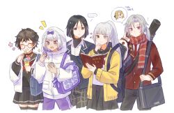  +_+ 2boys 3girls absurdres albina_(project_moon) bag black_eyes black_hair black_jacket blunt_bangs book bow buzhe477 cardigan cellphone chinese_commentary closed_eyes commentary_request contemporary cropped_legs eating food food_on_face glasses grey_eyes grey_hair hair_bow heterochromia highres holding holding_book holding_food holding_ice_cream holding_phone hood hood_up hoodie ice_cream jacket kira_(project_moon) limbus_company long_hair long_sleeves lucio_(project_moon) multiple_boys multiple_girls open_book open_cardigan open_clothes open_jacket pants parted_hair phone plaid_clothes plaid_pants pleated_skirt ponytail project_moon reading red_scarf ren_(project_moon) round_eyewear sailor_collar scarf school_uniform serafuku shirt short_hair shoulder_bag simple_background skirt sora_(project_moon) speech_bubble spoken_character talking_on_phone turtleneck valencina_(project_moon) violet_eyes white_background white_hair white_hoodie white_jacket yellow_cardigan 
