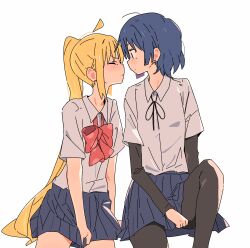  2girls ahoge black_pantyhose blonde_hair blue_hair blue_skirt blush bocchi_the_rock! bow bowtie closed_eyes closed_mouth commentary highres ijichi_nijika imminent_kiss layered_sleeves long_hair long_sleeves looking_at_another mole mole_under_eye multiple_girls pantyhose pleated_skirt red_bow red_bowtie school_uniform shimokitazawa_high_school_uniform shirt short_hair short_over_long_sleeves short_sleeves simple_background skirt white_background white_shirt wichimi yamada_ryo yuri 