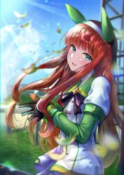 1girl absurdres animal_ears black_gloves blue_sky blunt_bangs blush bow commentary_request crying crying_with_eyes_open ear_covers gloves green_eyes green_sailor_collar hairband highres hime_cut horse_ears horse_girl long_hair long_sleeves looking_at_viewer mika_uni open_mouth orange_hair pleated_skirt sailor_collar silence_suzuka_(innocent_silence)_(umamusume) silence_suzuka_(umamusume) skirt sky smile solo starting_gate tears umamusume white_hairband white_skirt 