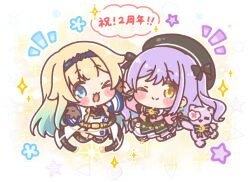  >_o 2girls ;) ;d aizawa_ema beret black_boots black_bow black_hat black_shirt black_skirt blonde_hair blue_eyes blue_hair blue_hairband blue_necktie blush_stickers boots bow brown_eyes brown_gloves brown_thighhighs chibi closed_eyes closed_mouth collared_shirt commentary_request crescent dress eyepatch garter_straps gloves gradient_hair hair_bow hairband hat heart heart_eyepatch highres holding holding_stuffed_toy jacket layered_skirt long_hair long_sleeves mitarashi_neko multicolored_hair multiple_girls necktie notice_lines one_eye_closed open_clothes open_jacket outstretched_arms pink_jacket pleated_skirt puffy_long_sleeves puffy_sleeves purple_hair shinomiya_runa shirt skirt sleeves_past_wrists smile sparkle spread_arms star_(symbol) striped_bow stuffed_animal stuffed_cat stuffed_toy thigh-highs thighhighs_under_boots translation_request two-tone_hair two_side_up v very_long_hair virtual_youtuber vspo! white_dress white_jacket 