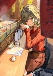 1girl blonde_hair blue_eyes blue_hair blush bottle brown_skirt choko_(cup) closed_mouth cup elbow_rest from_side green_eyes heterochromia highres idolmaster idolmaster_cinderella_girls long_sleeves looking_at_viewer medium_hair nyome991 own_hands_together pencil_skirt red_sweater sake_bottle sitting skirt smile solo sweater takagaki_kaede 