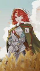  1girl :o absurdres bag blue_eyes blue_shirt blue_sky brown_bag cape clouds club_(weapon) first_aid_kit gauntlets grass green_cape hand_on_own_arm hat highres marsha_(reverse:1999) mole mole_under_eye reverse:1999 roxs_(roxss29) shirt short_hair shoulder_bag sky solo upper_body weapon white_hat 