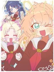  >_o 3girls ;d ahoge animal_ears aqua_eyes blonde_hair blue_eyes blue_hair brown_dress cat_ears col_person commentary detached_ahoge dog_ears drawn_ears drawn_tail drawn_whiskers dress flower gradient_hair hair_flower hair_ornament half_updo hasu_no_sanrenka hasu_no_sora_school_uniform heart highres hinoshita_kaho link!_like!_love_live! long_hair long_sleeves looking_at_viewer love_live! mole mole_on_neck multicolored_hair multiple_girls murano_sayaka neckerchief one_eye_closed orange_hair osawa_rurino pink_flower pleated_dress rabbit_ears red_neckerchief sailor_collar sailor_dress school_uniform smile twintails two_side_up untranslatable_commentary virtual_youtuber white_sailor_collar winter_uniform 