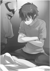 029 2boys :< closed_eyes closed_mouth crossed_arms greyscale hair_between_eyes hataraku_maou-sama! indian_style indoors maou_sadao monochrome multiple_boys novel_illustration official_art pants profile shirt short_hair short_sleeves sitting t-shirt third-party_source v-shaped_eyebrows worried 