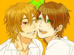  2boys :d adam's_apple blonde_hair blush brown_hair cheek-to-cheek collarbone collared_shirt commentary_request eye_contact green_eyes grin hair_between_eyes heads_together heart looking_at_another male_focus medium_hair multiple_boys official_artist_extra ogeretsu_tanaka one_eye_closed orange_eyes partially_unbuttoned portrait shirt sideways_glance simple_background smile thick_eyebrows toono_takashi uneven_eyes wavy_hair white_shirt yaguchi_kyousuke yarichin_bitch-bu yellow_background 