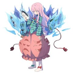  1girl absurdres aqua_shirt baba_(baba_seimaijo) commentary_request full_body hata_no_kokoro highres holding holding_mask long_hair mask pink_eyes pink_hair plaid_clothes plaid_shirt shirt solo touhou white_background 
