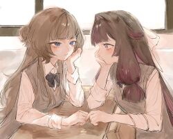  2girls black_bow black_hair blue_eyes blush bow brown_hair chair closed_mouth columbina_(genshin_impact) desk elbow_on_table genshin_impact hair_ornament hand_on_own_chin hashtag-only_commentary highres long_hair multicolored_hair multiple_girls purple_hair purple_streaks ribbon sandrone_(genshin_impact) school_chair school_desk school_uniform shoujolei sitting streaked_hair two-tone_hair upper_body very_long_hair violet_eyes yuri 