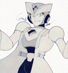  1boy armor chest_jewel closed_mouth commentary_request cowboy_shot forehead_jewel gate_(mega_man) greyscale halftone helmet mega_man_(series) mega_man_x6 mega_man_x_(series) monochrome simple_background smile solo sznami129 white_background 