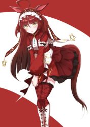  1girl ahoge animal_ears becherry blunt_bangs blunt_ends blunt_sidelocks blush boots commentary_request dress frilled_hairband frills garter_straps hair_between_eyes hairband highres horse_ears horse_girl horse_tail layered_hair long_hair long_sleeves looking_at_viewer parted_lips red_desire_(umamusume) red_dress red_hair red_hairband red_headdress red_thighhighs red_veil sidelocks solo star_ornament tail thigh-highs umamusume veil white_boots yellow_eyes 