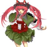  1girl absurdres alternate_costume alternate_hairstyle animal_ears braid capelet cat_ears eiru0517 hairband highres kaenbyou_rin outstretched_arms red_eyes redhead skirt solo spread_arms touhou twin_braids twintails white_background 