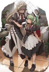  2girls alexandrina_sebastiane alternate_costume amillion_(zenless_zone_zero) animal_ear_hairband animal_ears bangboo_(zenless_zone_zero) bell black_dress black_shoes blush breasts brushing_another's_hair brushing_hair cat_ear_hairband cat_ears closed_mouth commentary couch dress english_commentary fake_animal_ears ghost_hair_ornament gloves green_eyes green_hair green_nails grey_hair hair_between_eyes hair_brush hair_ornament hairband highres holding holding_hair_brush holding_hands indoors large_breasts long_hair looking_at_another maid maid_headdress multiple_girls multiple_hair_clips neck_bell one_eye_closed pantyhose pantyhose_cutout partially_fingerless_gloves plant ponytail rattish_(rattish_ra) red_eyes shoes smile sunna_(zenless_zone_zero) triangle_hair_ornament twitter_username white_pantyhose zenless_zone_zero 