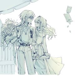  2girls absurdres belt bouquet butch/femme_couple ceras_yanagida_lilienfeld collared_jacket commentary edel_note elbow_carry eye_contact eyewear_in_pocket floating_hair greyscale highres holding holding_bouquet holding_hands interlocked_fingers jacket jellyfish_cut jewelry katsuragi_izumi link!_like!_love_live! long_hair long_sleeves looking_at_another love_live! monochrome multiple_girls necklace on_stool open_clothes open_jacket pants pleated_skirt profile simple_background sitting skirt standing stool sweater turtleneck turtleneck_sweater untranslatable_commentary virtual_youtuber watch watch white_background yrxy_settingsun yuri 