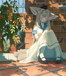  1girl animal_ears arknights black_shoes blonde_hair blue_hairband blue_sailor_collar blush brick_wall chinese_commentary closed_eyes closed_mouth commentary_request diaopi_huasheng dress fox_ears fox_girl fox_tail frilled_hairband frills hair_ornament hairband hands_on_own_knees highres kitsune kyuubi long_hair luo_xiaohei luo_xiaohei_(cat) multiple_tails on_ground outdoors pantyhose revision sailor_collar sailor_dress shoes short_sleeves sitting suzuran_(arknights) tail the_legend_of_luo_xiaohei white_dress white_pantyhose x_hair_ornament 