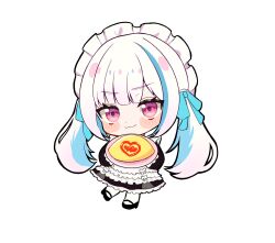  1girl :3 asa_1607 black_dress black_shoes blue_hair blue_ribbon blush_stickers chibi chibi_only closed_eyes dress food frilled_dress frills full_body hair_ribbon hashtag-only_commentary highres holding holding_food holding_plate lize_helesta lize_helesta_(9th_costume) looking_at_viewer maid maid_headdress medium_dress multicolored_hair nijisanji omelet omurice plate ribbon serving shoes simple_background smile socks solo streaked_hair twintails two-tone_hair violet_eyes virtual_youtuber white_background white_hair white_headdress white_socks 