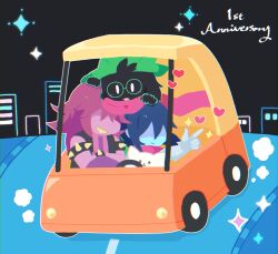  1boy 1girl 1other androgynous animal_ears anniversary annoying_dog black_hair black_vest blue_skin blush bracelet colored_skin colored_teeth deltarune dog fangs furry furry_female furry_male gauntlets glasses green-framed_eyewear green_hat hand_on_another's_head hat heart jewelry kae77p long_hair no_eyes open_clothes open_mouth open_vest pink_scarf purple_hair purple_skin red_scarf round_eyewear scarf shaded_face skin_fangs smile spiked_bracelet spikes the_fun_gang utdr_(toby_fox) vest white_eyes yellow_teeth 