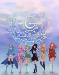  6+girls album_name black_dress black_hat black_thighhighs blonde_hair blue_hair blunt_bangs bob_cut boots commentary dress english_commentary full_body gfriend gloves green_hair hat holding holding_wand multiple_girls original pink_hair red_hair shorts thigh-highs wand white_thighhighs yuumkiin 