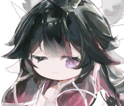  1girl bare_shoulders black_hair columbina_(genshin_impact) commentary dress genshin_impact hair_bun hair_ornament head_wings long_hair looking_at_viewer multicolored_hair one_eye_closed portrait purple_hair purple_streaks rente_gu simple_background smile solo streaked_hair two-tone_hair very_long_hair violet_eyes white_background white_dress white_wings wing_hair_ornament wings 