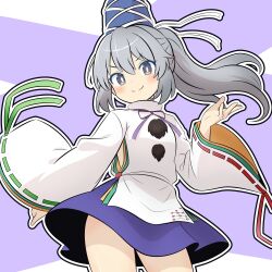  1girl absurdres blush closed_mouth commentary green_ribbon grey_eyes grey_hair hand_up hat highres japanese_clothes kariginu long_hair long_sleeves looking_at_viewer mononobe_no_futo newbear pom_pom_(clothes) ponytail purple_ribbon red_ribbon ribbon ribbon-trimmed_sleeves ribbon_trim skirt smile solo tate_eboshi touhou white_ribbon wide_sleeves 