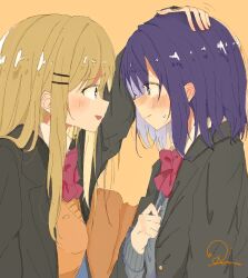  2girls adachi_sakura adachi_to_shimamura black_jacket blonde_hair blush bow bowtie brown_cardigan cardigan closed_mouth commentary eye_contact grey_cardigan hair_ornament hairclip hand_on_another's_head hashtag-only_commentary headpat highres jacket long_hair looking_at_another looking_at_viewer medium_hair multiple_girls nose_blush open_clothes open_jacket open_mouth parallel_hairclips profile purple_hair red_bow red_bowtie rn_strb school_uniform shimamura_hougetsu signature simple_background untranslatable_commentary upper_body yellow_background yuri 