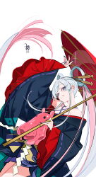  1girl absurdres artist_name black_kimono chinese_commentary cho_kaguya-hime! commentary_request dutch_angle frilled_sleeves frills gradient_eyes hair_ornament hair_rings hair_stick highres japanese_clothes kimono looking_at_viewer multicolored_eyes oil-paper_umbrella purple_skirt runami_yachiyo skirt solo tizibade twintails umbrella white_background wide_sleeves 