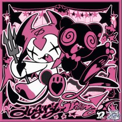  2others :d @_@ amatou_akuma animal_ears black_fur border chibi chibi_only chibikemo demon_horns demon_tail demon_wings devil_(amatou_akuma) fang food fruit full_body furry hat highres holding holding_pitchfork horns multiple_others original other_focus outline pawpads pink_border pink_hat pink_theme pitchfork smile star_(symbol) strawberry tail white_outline wings x_x 