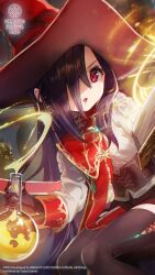  1girl black_corset black_gloves black_hair black_ribbon black_shorts black_thighhighs blurry blurry_background book chair copyright_name copyright_notice corset dutch_angle feet_out_of_frame flask frilled_sleeves frills gloves hair_over_one_eye hair_over_shoulder hand_up hat hat_ribbon heaven_burns_red highres holding holding_flask indoors light_particles long_bangs long_hair long_sleeves looking_at_viewer magic_circle official_alternate_costume official_art official_wallpaper on_chair one_eye_covered open_book open_mouth red_eyes red_hat ribbon round-bottom_flask shirt short_shorts shorts sitting solo straight_hair tenne_miko tenne_miko_(marvelous_moment) thigh-highs v-shaped_eyebrows very_long_hair white_shirt witch witch_hat zettai_ryouiki 