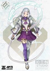  1girl artist_logo blue_eyes bob_cut braid closed_mouth crown_braid english_text full_body highres holding holding_whip katouken_(ktn-works) logo multicolored_hair original short_hair single_thighhigh smile snake_girl snake_print solo streaked_hair tachi-e thigh-highs tongue tongue_out two-tone_hair watermark whip white_hair 