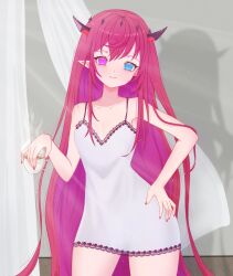  1girl alternate_costume blue_eyes closed_mouth coffee halo heterochromia highres hololive hololive_english horns irys_(hololive) looking_at_viewer morning nail_polish namiriart pink_hair red_eyes red_nails self-upload smile solo star_halo virtual_youtuber 