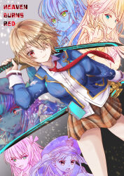  6+girls absurdres aikawa_megumi asakura_karen_(heaven_burns_red) blue_eyes brown_hair commentary_request dozeuuu dual_wielding glasses glowing green_eyes hat heaven_burns_red highres holding holding_sword holding_weapon izumi_yuki_(heaven_burns_red) kayamori_ruka kunimi_tama looking_at_viewer multiple_girls necktie red_eyes sailor_hat school_uniform short_hair sword toujou_tsukasa translucent_hair weapon 