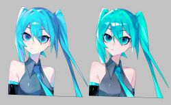  1girl aqua_eyes aqua_hair aqua_necktie aqua_trim arms_at_sides bare_shoulders black_gloves blue_eyes blue_hair blue_necktie blue_trim breasts closed_mouth collared_shirt commentary_request cropped_torso double-parted_bangs elbow_gloves expressionless eyes_visible_through_hair gloves grey_background hair_between_eyes hair_intakes hatsune_miku highres light_frown long_hair looking_at_viewer multiple_views n._(plaw_01) necktie shirt sidelocks simple_background sleeveless sleeveless_shirt small_breasts thick_eyelashes twintails vocaloid 