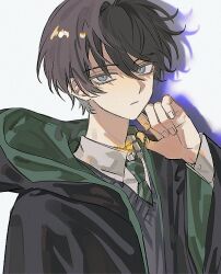  1boy animification black_hair black_robe blue_eyes chain chain_necklace closed_mouth collared_shirt commentary_request diagonal-striped_clothes diagonal-striped_necktie double-parted_bangs dress_shirt drop_shadow expressionless green_necktie green_robe grey_sweater_vest hair_between_eyes hand_up harry_potter_(series) head_tilt hogwarts_school_uniform holding holding_jewelry holding_necklace hood hood_down jewelry kogo58 korean_commentary long_sleeves looking_at_viewer male_focus necklace necktie regulus_arcturus_black robe sanpaku school_uniform shaded_face shirt short_hair simple_background slytherin solo striped_clothes sweater_vest two-sided_fabric two-sided_robe two-tone_robe upper_body white_background white_shirt wing_collar wizarding_world 