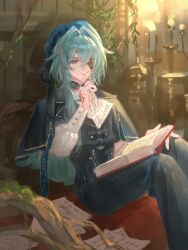  1boy anaxa_(honkai:_star_rail) anaxa_(impression)_(honkai:_star_rail) beret black_capelet black_pants black_vest book book_on_lap capelet eyepatch feet_out_of_frame green_hair green_hat hair_between_eyes hair_over_shoulder hand_tattoo hand_to_own_mouth hand_up hat highres holding holding_book honkai:_star_rail honkai_(series) indoors knees_up long_hair long_sleeves male_focus official_alternate_costume one_eye_covered pants paper parted_lips reading red_tattoo shirt sitting solo tanemaki_monaka tattoo vest white_shirt 