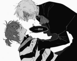  2boys andrew_kreiss ascot blood capelet clothes_grab commentary_request crying eye_contact fid_brr furrowed_brow greyscale identity_v injury korean_commentary looking_at_another luca_balsa male_focus monochrome multiple_boys nosebleed ponytail shirt striped_clothes striped_shirt translation_request 