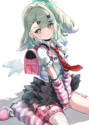  1girl absurdres arm_warmers backpack bag black_bow blush bow breast_pocket collared_shirt commentary_request detached_sleeves dress_shirt green_eyes green_hair highres leg_warmers long_hair looking_at_viewer loose_necktie loose_socks necktie one_eye_closed pink_arm_warmers pink_bag pink_leg_warmers pocket ponytail puffy_short_sleeves puffy_sleeves randoseru red_necktie shirt short_sleeves simple_background single_thighhigh sitting socks solo striped_arm_warmers striped_clothes striped_leg_warmers striped_socks sunna_(zenless_zone_zero) teritama_(teritama_house) thigh-highs thigh_strap torn_clothes torn_thighhighs two-tone_leg_warmers wariza white_background white_leg_warmers white_shirt white_thighhighs wings zenless_zone_zero 