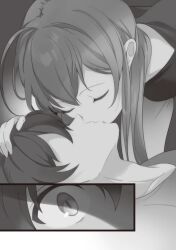  029 1boy 1girl ahoge bent_over breasts closed_eyes collarbone cut-in dress faceless faceless_male greyscale hair_between_eyes hand_on_another's_head hataraku_maou-sama! kiss long_hair long_sidelocks lying maou_sadao medium_breasts monochrome novel_illustration official_art shirt short_hair sidelocks t-shirt third-party_source wide-eyed yusa_emi 