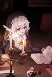  1girl absurdres black_dress blue_eyes book candle candlestand chinese_commentary commentary_request dress highres holding holding_quill honkai_(series) honkai_impact_3rd ink lamppost long_hair long_sleeves nun open_mouth qingshimangxue quill side_ponytail solo table theresa_apocalypse theresa_apocalypse_(valkyrie_pledge) veil white_hair 