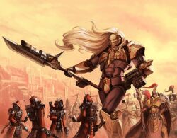  adeptus_custodes adeptus_mechanicus armor blonde_hair boogwerks commentary cyborg english_commentary feet_out_of_frame full_armor gauntlets gold_armor guardian_spear hand_on_own_hip highres holding holding_polearm holding_weapon if_the_emperor_had_a_text-to-speech_device imperial_aquila imperium_of_man kitten_(emperor_tts) long_hair looking_at_another looking_to_the_side mask mechanical_arms multiple_boys ornate_armor polearm power_armor red_plume red_robe robe shoulder_armor skitarii warhammer_40k weapon 