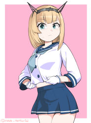  1girl blonde_hair blue_neckerchief blue_sailor_collar blue_skirt commentary_request cosplay cowboy_shot etorofu_(kancolle) etorofu_(kancolle)_(cosplay) green_eyes hairband headgear kantai_collection neckerchief noba_(ne83ko61) one-hour_drawing_challenge pink_background pleated_skirt rodney_(kancolle) sailor_collar sailor_shirt school_uniform serafuku shirt short_hair skirt solo white_shirt 