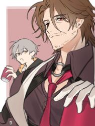  2boys black_choker black_jacket border bp_st_7 brown_hair brown_shirt caelus_(honkai:_star_rail) can choker closed_mouth clothing_cutout collared_shirt drink_can facial_hair gallagher_(honkai:_star_rail) gloves grey_hair hair_between_eyes hand_up holding holding_can honkai:_star_rail honkai_(series) hood hooded_jacket jacket lapels long_hair_between_eyes long_sleeves looking_at_another looking_at_viewer male_focus multiple_boys necktie o-ring o-ring_choker open_mouth orange_jacket outside_border pink_background pink_necktie puffy_long_sleeves puffy_sleeves red_eyes shirt short_hair simple_background smile soda_can solo_focus t-shirt trailblazer_(honkai:_star_rail) two-sided_fabric two-sided_jacket upper_body vest white_border white_gloves white_vest yellow_eyes 