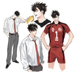  1boy adam's_apple belt black_belt black_hair bottle collared_shirt commentary_request cropped_legs diagonal-striped_clothes diagonal-striped_necktie full_body grey_pants haikyuu!! hand_in_pocket hands_on_own_hips highres holding holding_bottle korean_commentary kuroo_tetsurou looking_at_viewer male_focus mh_o_o9 multiple_views necktie nekoma_volleyball_uniform pants red_necktie red_shorts shirt short_hair shorts simple_background sportswear standing striped_clothes sweat volleyball_uniform white_background white_shirt yellow_eyes 